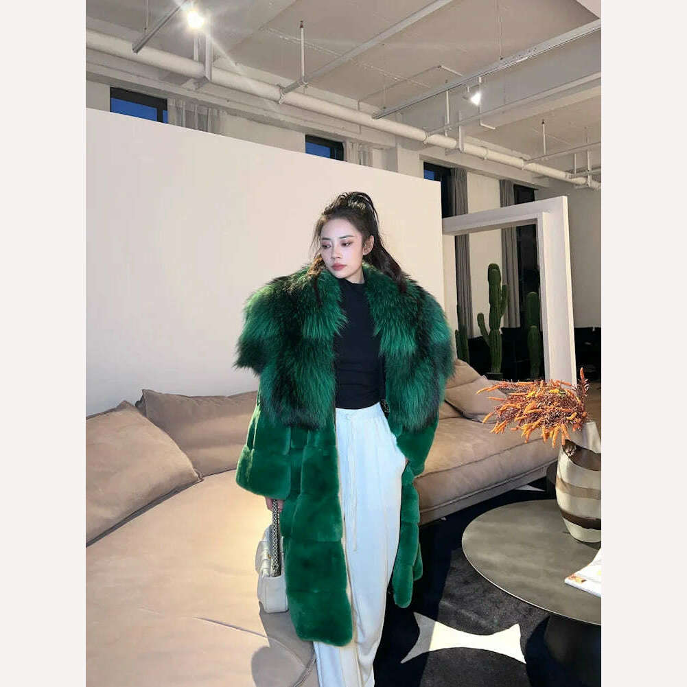 KIMLUD, 2023 New Winter Women Real Rex Rabbit Fur Coat Long Luxury Jacket with Super Large Raccoon Fur Collar Ladies Fashion Overcoat, KIMLUD Womens Clothes