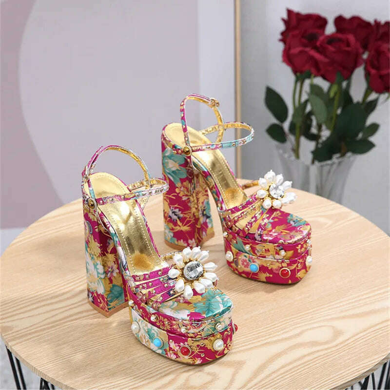 2023 New Women Pumps High Heels Thick Platform Banquet Female Sandals Satin Big Size Fashion Runway Colorful Sexy Ladies Shoes - KIMLUD