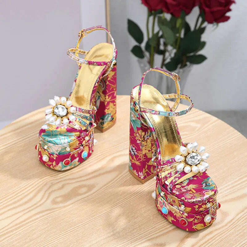 2023 New Women Pumps High Heels Thick Platform Banquet Female Sandals Satin Big Size Fashion Runway Colorful Sexy Ladies Shoes - KIMLUD