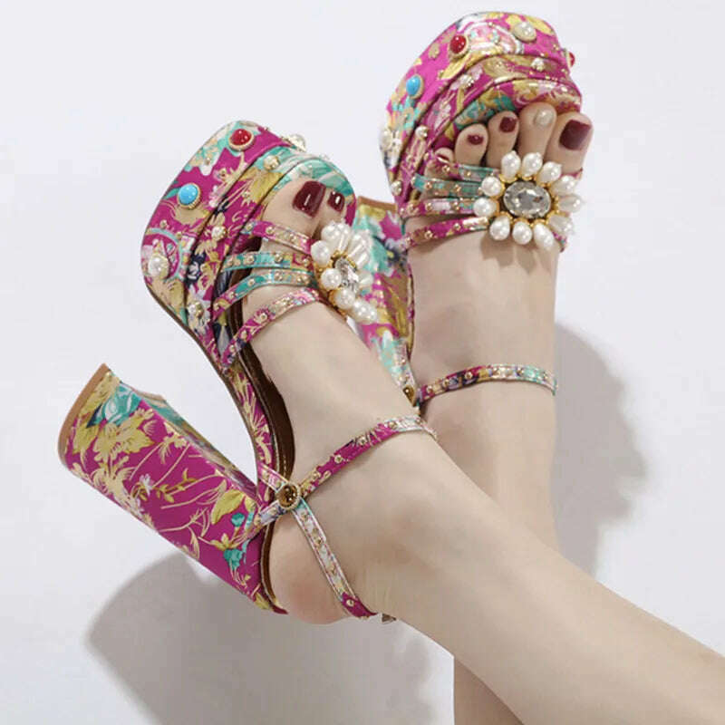 2023 New Women Pumps High Heels Thick Platform Banquet Female Sandals Satin Big Size Fashion Runway Colorful Sexy Ladies Shoes - KIMLUD