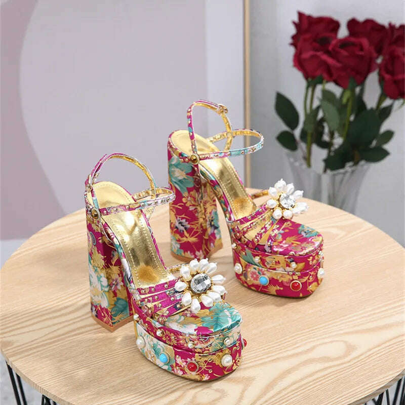 2023 New Women Pumps High Heels Thick Platform Banquet Female Sandals Satin Big Size Fashion Runway Colorful Sexy Ladies Shoes - KIMLUD