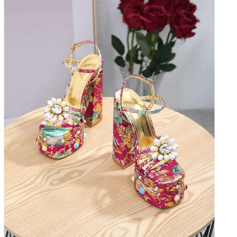 2023 New Women Pumps High Heels Thick Platform Banquet Female Sandals Satin Big Size Fashion Runway Colorful Sexy Ladies Shoes - KIMLUD