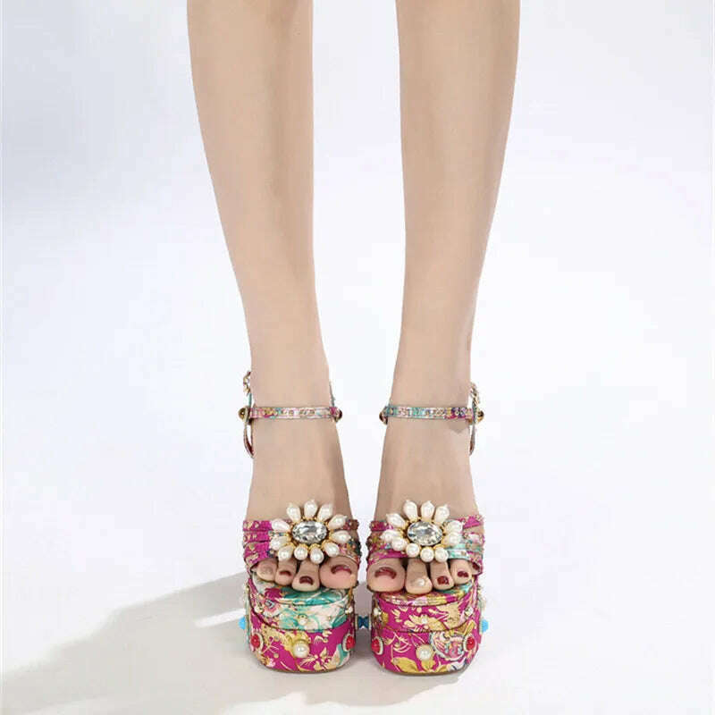 2023 New Women Pumps High Heels Thick Platform Banquet Female Sandals Satin Big Size Fashion Runway Colorful Sexy Ladies Shoes - KIMLUD