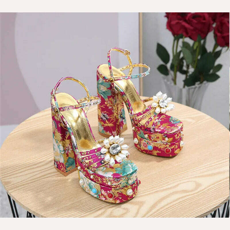 2023 New Women Pumps High Heels Thick Platform Banquet Female Sandals Satin Big Size Fashion Runway Colorful Sexy Ladies Shoes - KIMLUD