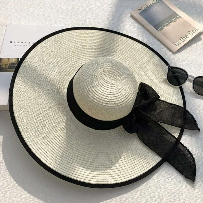 KIMLUD, 2023 New Women Summer Beach Straw Hat Korean Seaside Brim Sunblock Sunshade Holiday Fashion Big Cool Bow Hat, KIMLUD Womens Clothes