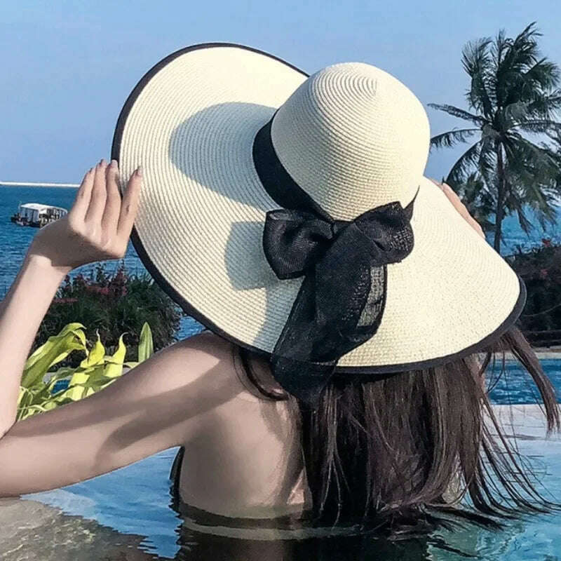 KIMLUD, 2023 New Women Summer Beach Straw Hat Korean Seaside Brim Sunblock Sunshade Holiday Fashion Big Cool Bow Hat, KIMLUD Womens Clothes