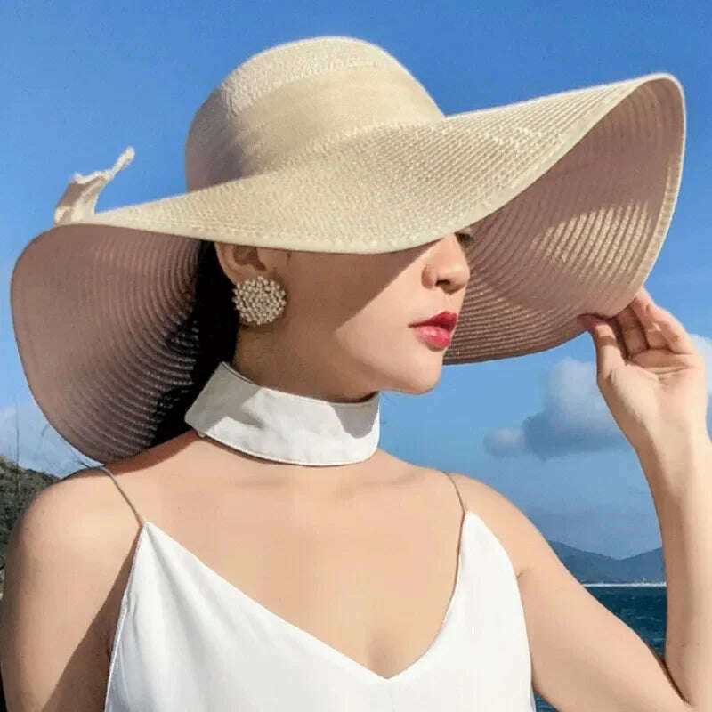 KIMLUD, 2023 New Women Summer Beach Straw Hat Korean Seaside Brim Sunblock Sunshade Holiday Fashion Big Cool Bow Hat, KIMLUD Womens Clothes