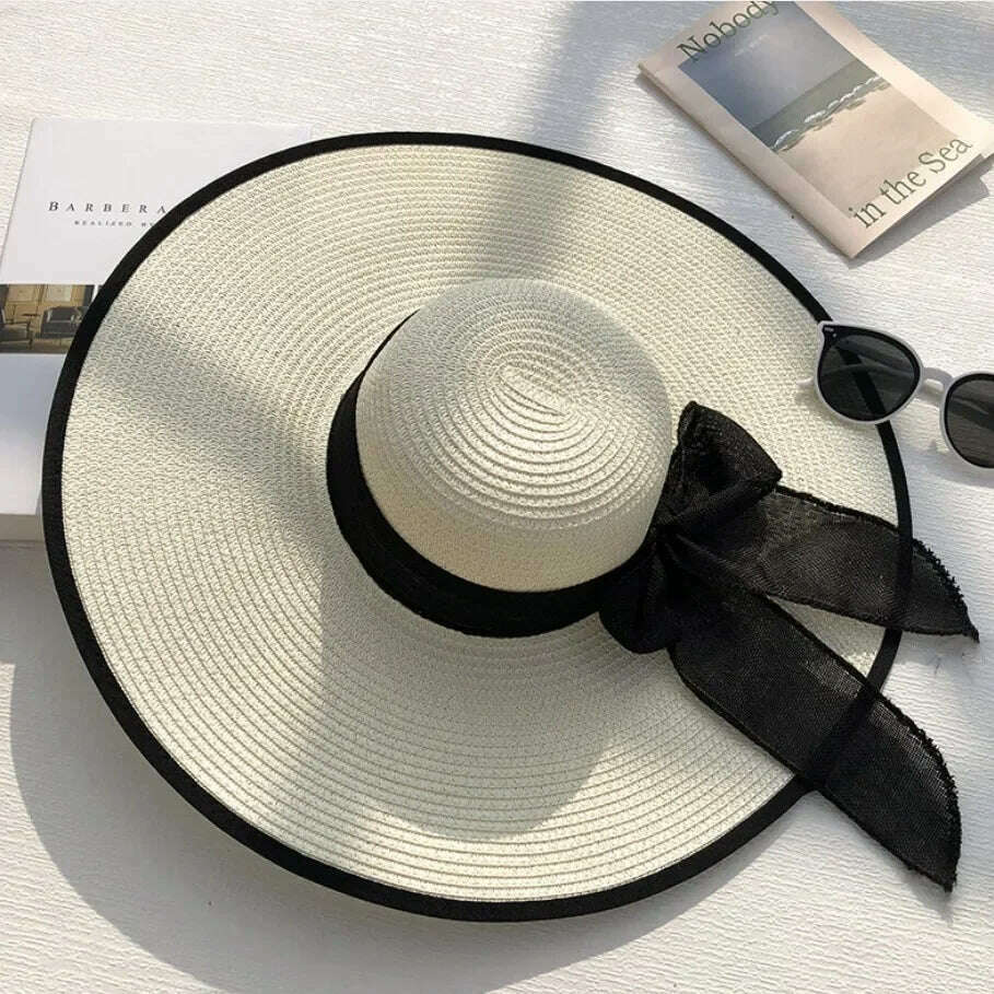 KIMLUD, 2023 New Women Summer Beach Straw Hat Korean Seaside Brim Sunblock Sunshade Holiday Fashion Big Cool Bow Hat, White, KIMLUD Womens Clothes