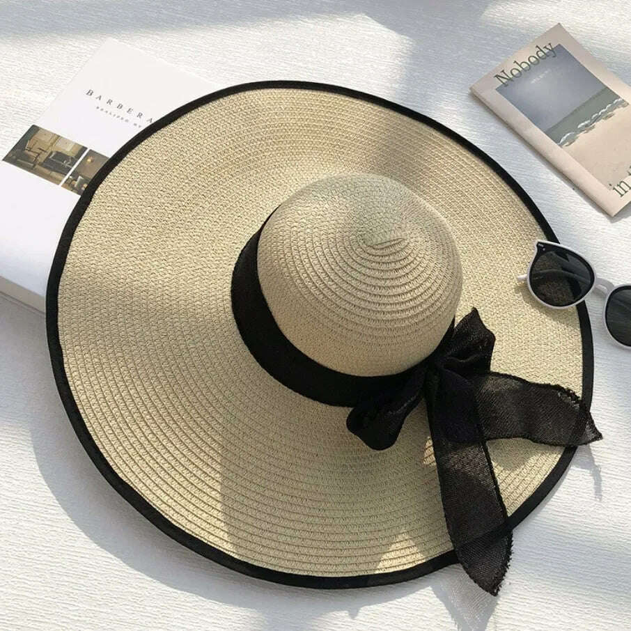 KIMLUD, 2023 New Women Summer Beach Straw Hat Korean Seaside Brim Sunblock Sunshade Holiday Fashion Big Cool Bow Hat, Apricot, KIMLUD Womens Clothes