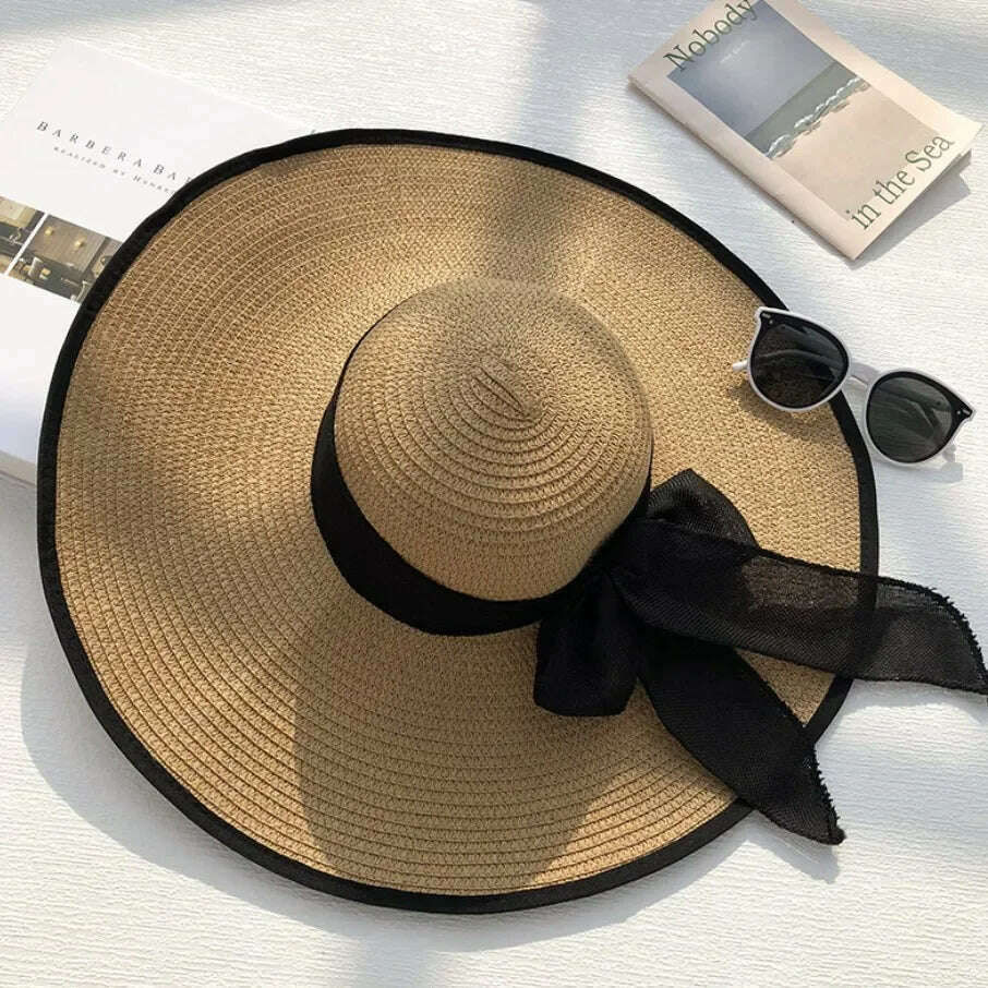 KIMLUD, 2023 New Women Summer Beach Straw Hat Korean Seaside Brim Sunblock Sunshade Holiday Fashion Big Cool Bow Hat, Khaki, KIMLUD Womens Clothes