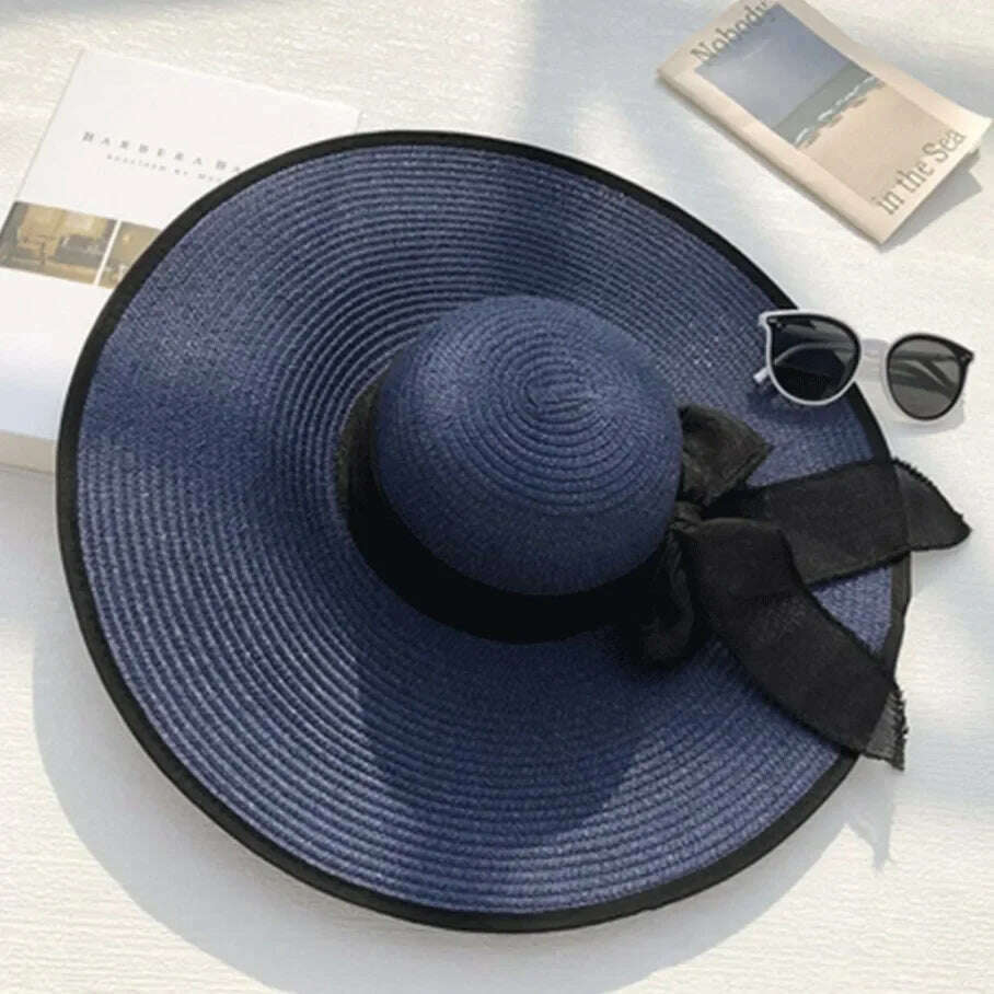 KIMLUD, 2023 New Women Summer Beach Straw Hat Korean Seaside Brim Sunblock Sunshade Holiday Fashion Big Cool Bow Hat, Blue, KIMLUD Womens Clothes