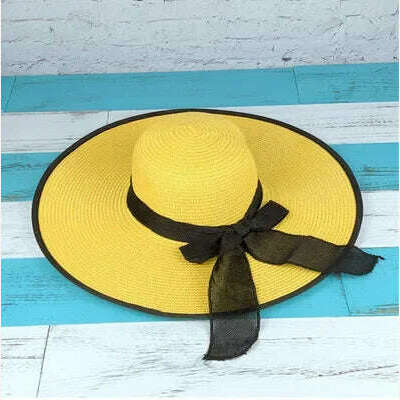 KIMLUD, 2023 New Women Summer Beach Straw Hat Korean Seaside Brim Sunblock Sunshade Holiday Fashion Big Cool Bow Hat, Yellow, KIMLUD Womens Clothes