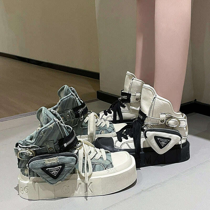 2023 New Women's Ankle Boots Fashion Cowboy Knight Boot Punk Gothic Classic Denim Canvas Shoes Short Goth Platform Shoes - KIMLUD
