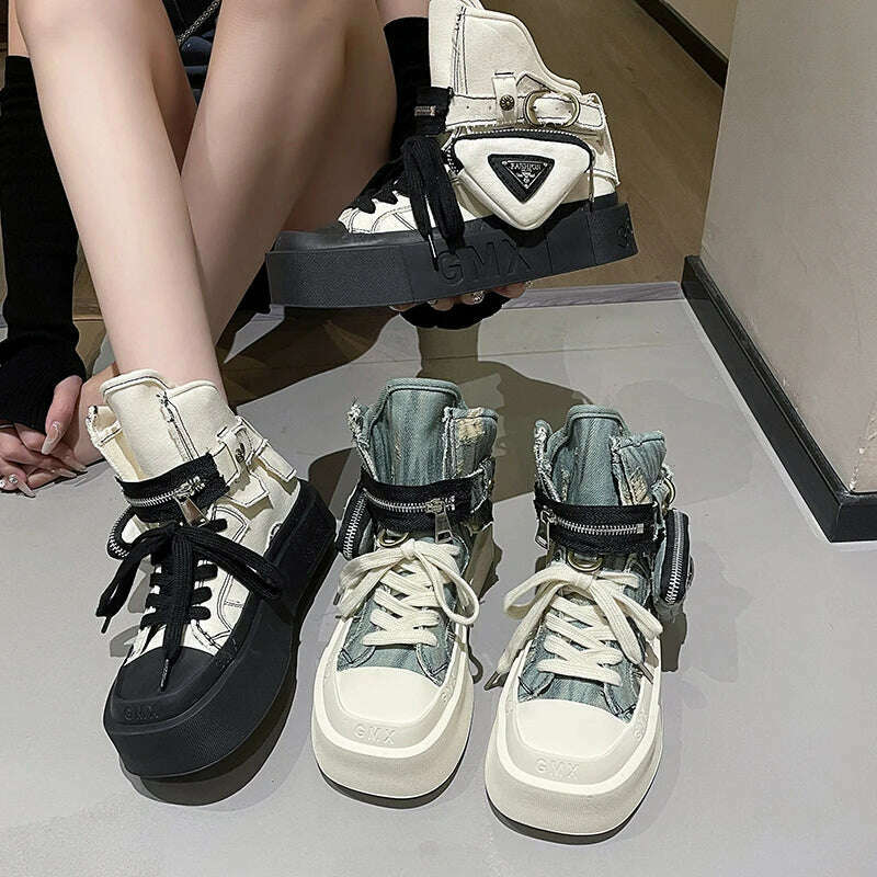 2023 New Women's Ankle Boots Fashion Cowboy Knight Boot Punk Gothic Classic Denim Canvas Shoes Short Goth Platform Shoes - KIMLUD