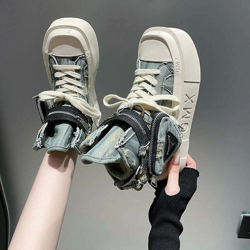 2023 New Women's Ankle Boots Fashion Cowboy Knight Boot Punk Gothic Classic Denim Canvas Shoes Short Goth Platform Shoes - KIMLUD