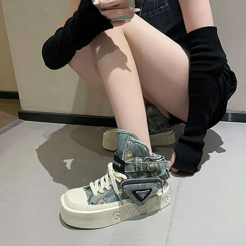 2023 New Women's Ankle Boots Fashion Cowboy Knight Boot Punk Gothic Classic Denim Canvas Shoes Short Goth Platform Shoes - KIMLUD