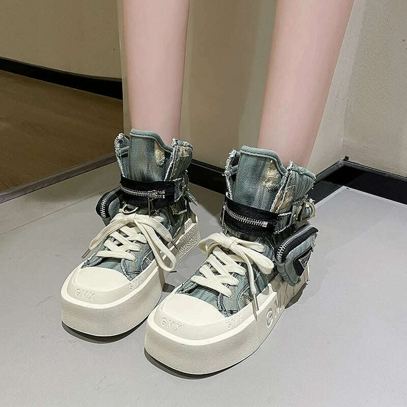 2023 New Women's Ankle Boots Fashion Cowboy Knight Boot Punk Gothic Classic Denim Canvas Shoes Short Goth Platform Shoes - KIMLUD