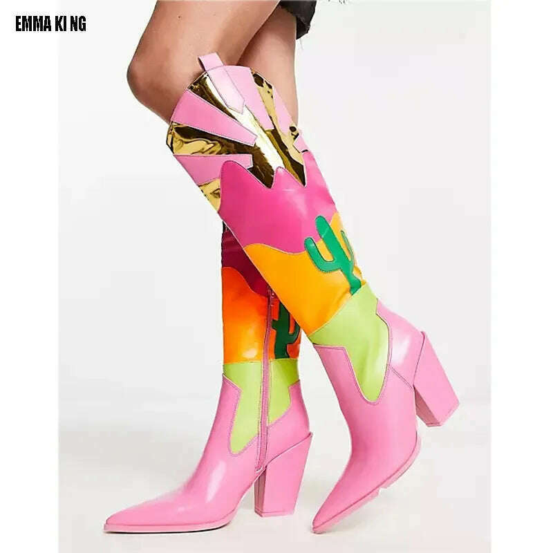 KIMLUD, 2023 Patchwork  Western Women Cowboy Boots Leather Knee High Shoes  Pink Cowgirl Pointed Toe Boots Cosplay Shoes 44, as pic / 35, KIMLUD Womens Clothes