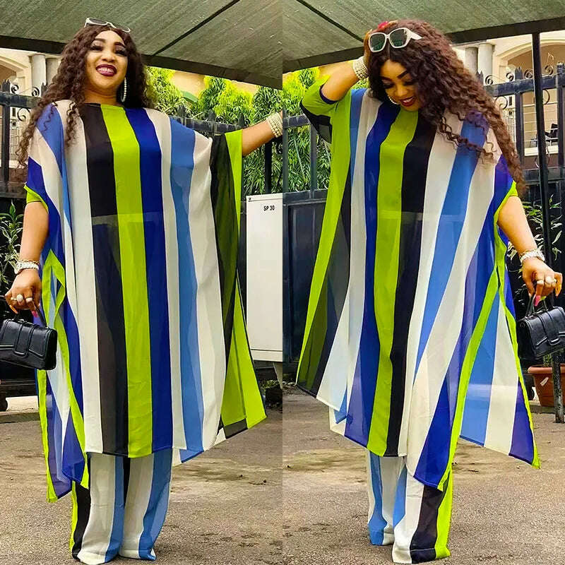 KIMLUD, 2023 Plus Size Spring 2 Piece African Chiffon Clothes for Women Summer Party Dress Dashiki Top Pants Suit Street Casual Outfits, KIMLUD Women's Clothes