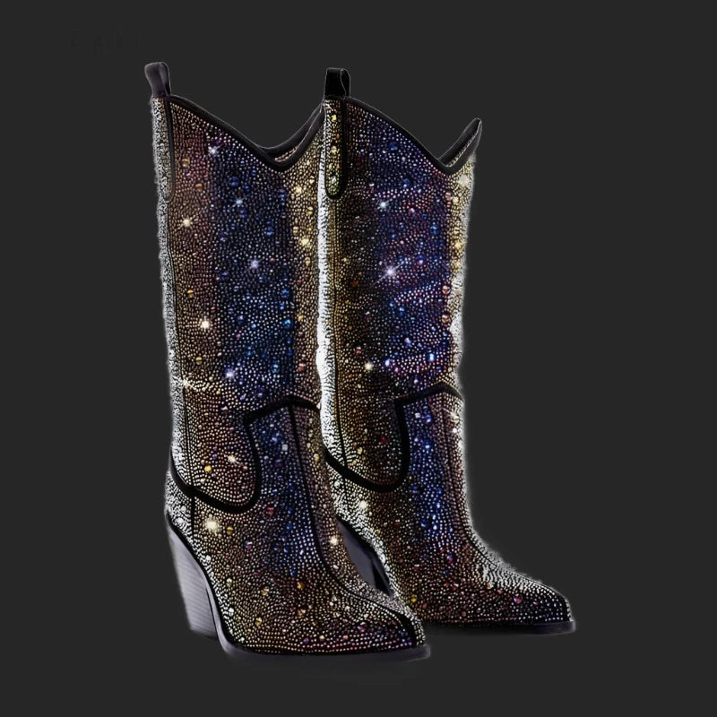 KIMLUD, 2023 Point Toe Knee High Rhinestone Boots Luxury Crystal Women Sexy Chunky Heel Boots Slip On Ladies Knight Boots 44, AS PIC / 35, KIMLUD Womens Clothes