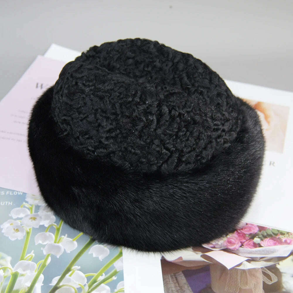 KIMLUD, 2023 Real Genuine Mink With Wool Hat Winter Russian Women Men's Warm Caps Whole Piece Mink Sheep Fur Hats Casual Outdoor Mink Ha, black / 55cm-57cm, KIMLUD Women's Clothes