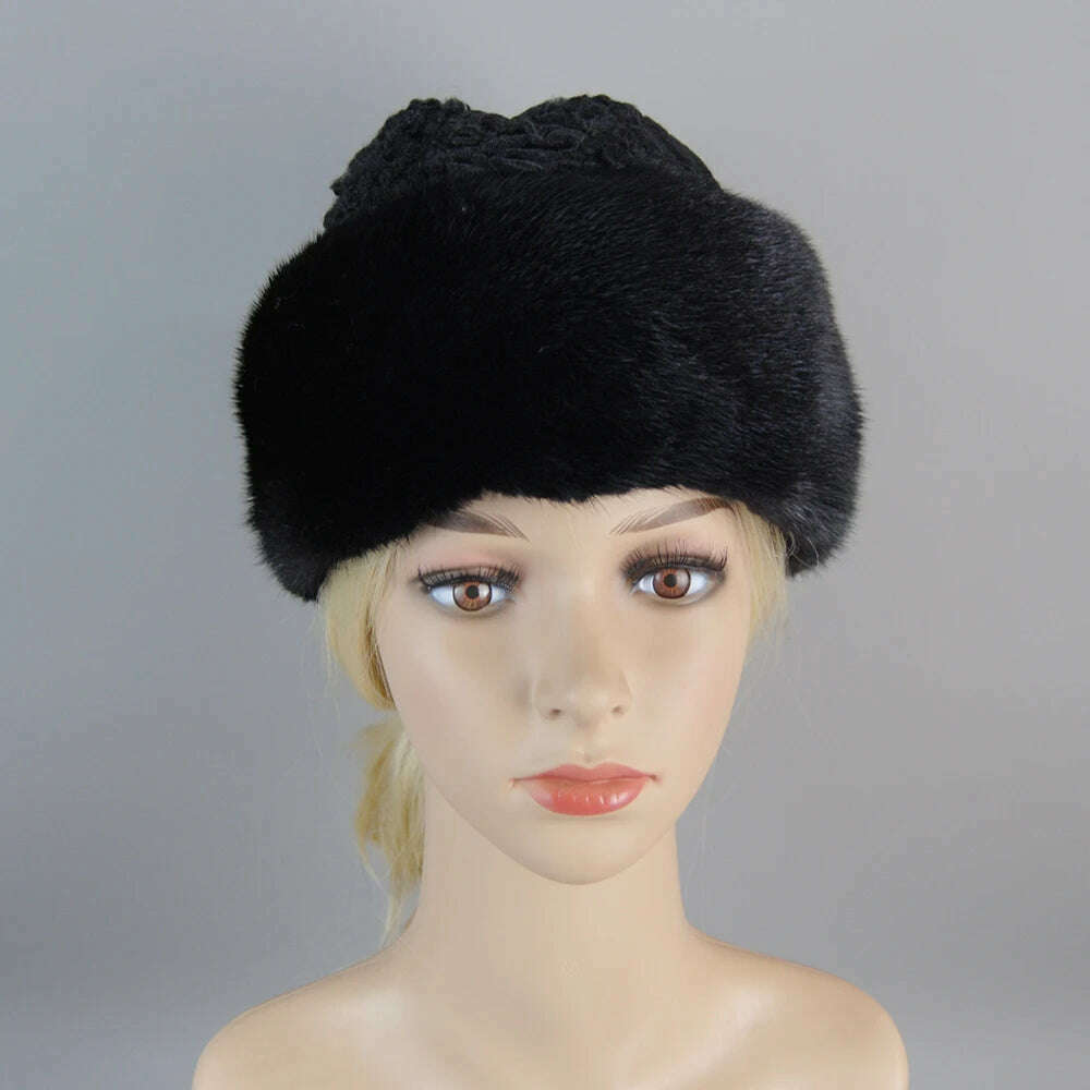 KIMLUD, 2023 Real Genuine Mink With Wool Hat Winter Russian Women Men's Warm Caps Whole Piece Mink Sheep Fur Hats Casual Outdoor Mink Ha, KIMLUD Womens Clothes