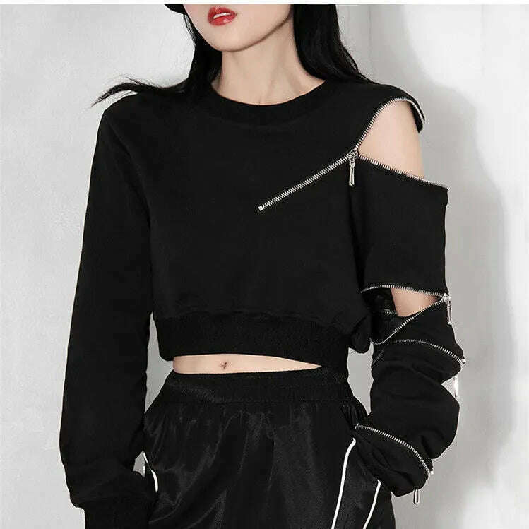 2023 Ropa Mujer Cropped Tops Fashion Hoodies Women O-neck Long Sleeve Zipper Pullovers Chic Hollow Out Sexy Korean Sweatshirt - KIMLUD