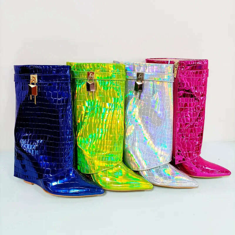 2023 Sequined Women Boots Autumn Winter Fashion Wedges High Heel Calf Boots Western Cowboy Women's Boots Plus Size Shoes - KIMLUD