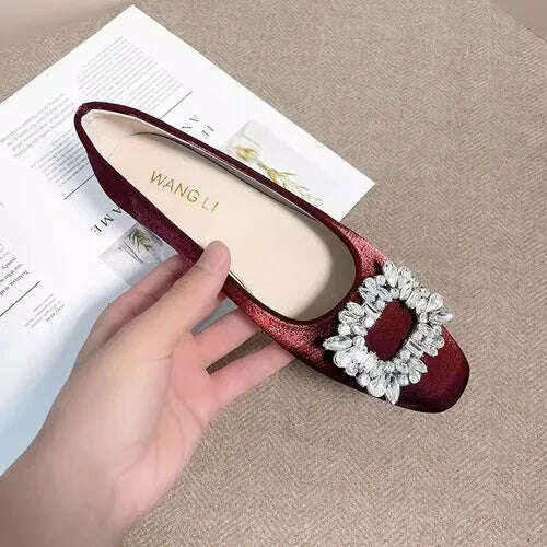 KIMLUD, 2023 Spring and Autumn New Fashion Rhinestone Square Button Flat Bottom Women's Shoes Versatile Silk Bridesmaid Wedding Shoes, Burgundy / 34, KIMLUD Womens Clothes