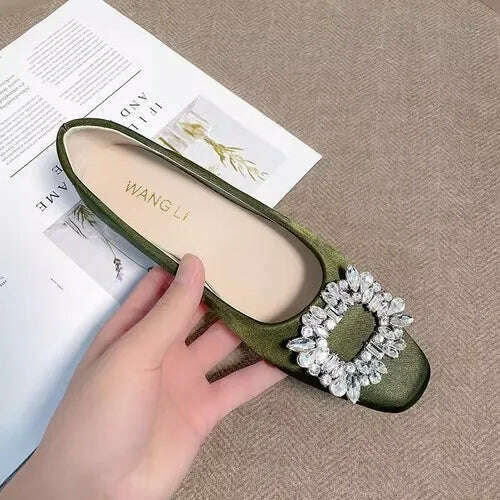 KIMLUD, 2023 Spring and Autumn New Fashion Rhinestone Square Button Flat Bottom Women's Shoes Versatile Silk Bridesmaid Wedding Shoes, Green / 34, KIMLUD Womens Clothes