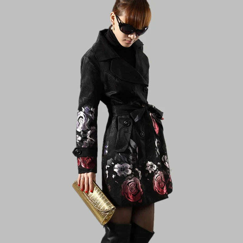 KIMLUD, 2023 Spring Autumn Floral Long Trench Coats Women Clothing Outerwear Rose Jacquard Double Breasted Slim Windbreaker Female C254, KIMLUD Womens Clothes