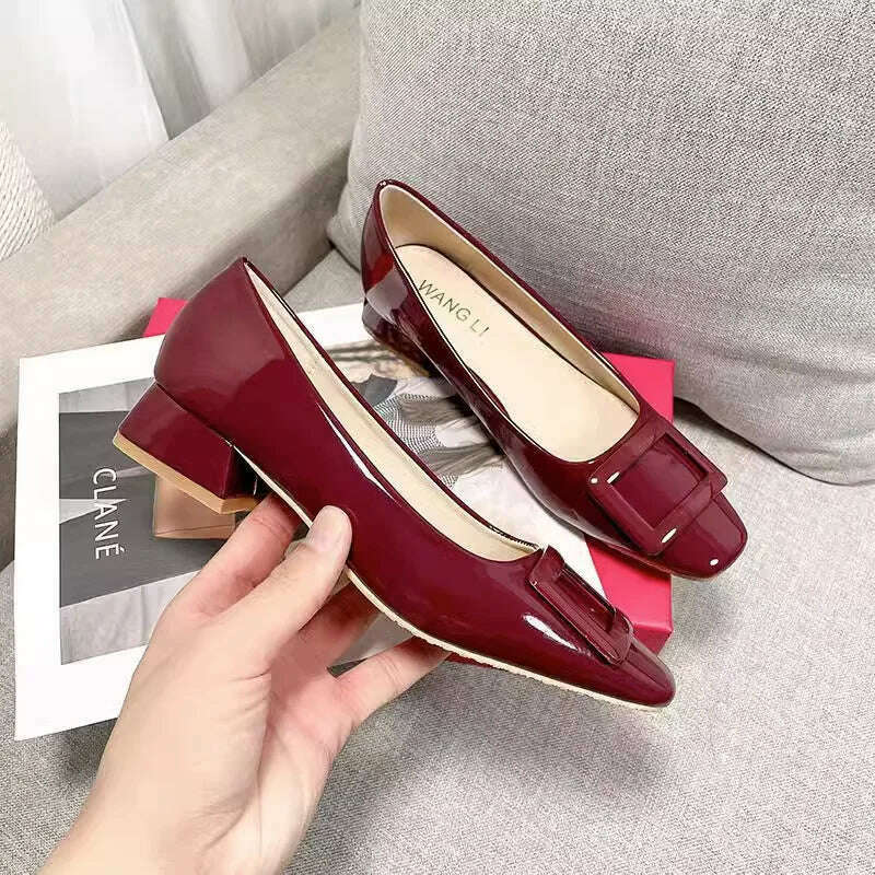 KIMLUD, 2023 Spring Autumn French Classic Square Button Round Head High Heels Fashion Shallow Mouth Versatile Flat Bottom Women's Shoes, KIMLUD Women's Clothes