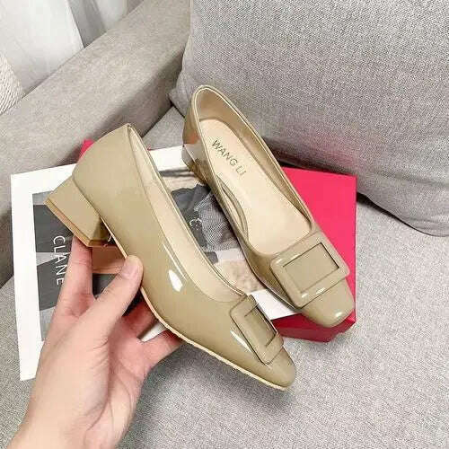 KIMLUD, 2023 Spring Autumn French Classic Square Button Round Head High Heels Fashion Shallow Mouth Versatile Flat Bottom Women's Shoes, 5 / 34, KIMLUD Women's Clothes
