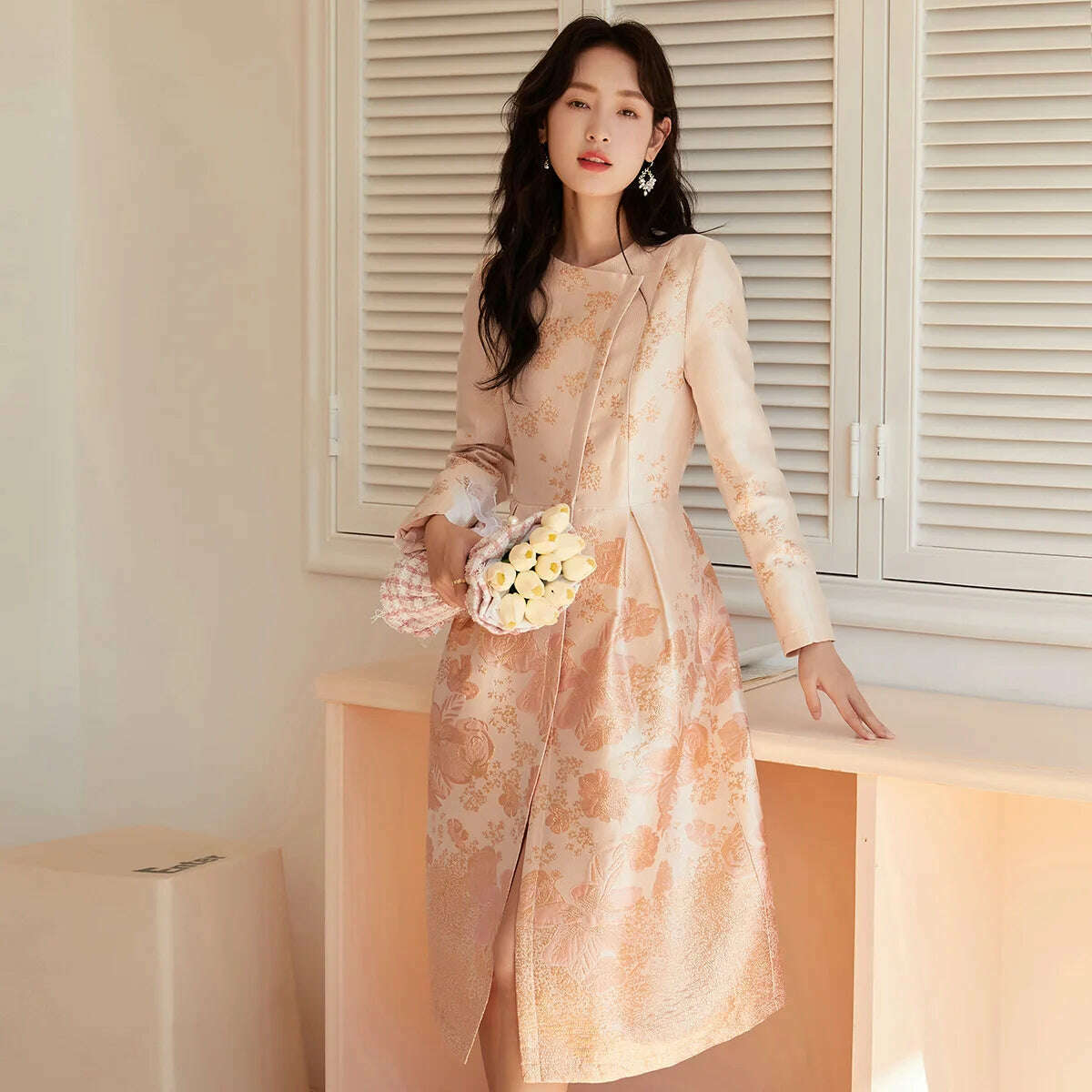 2023 Spring Autumn Jacquard Trench Coat for Women Covered Button Floral Outwear Women Skirt Hem Party Evening Clothing Luxury - KIMLUD