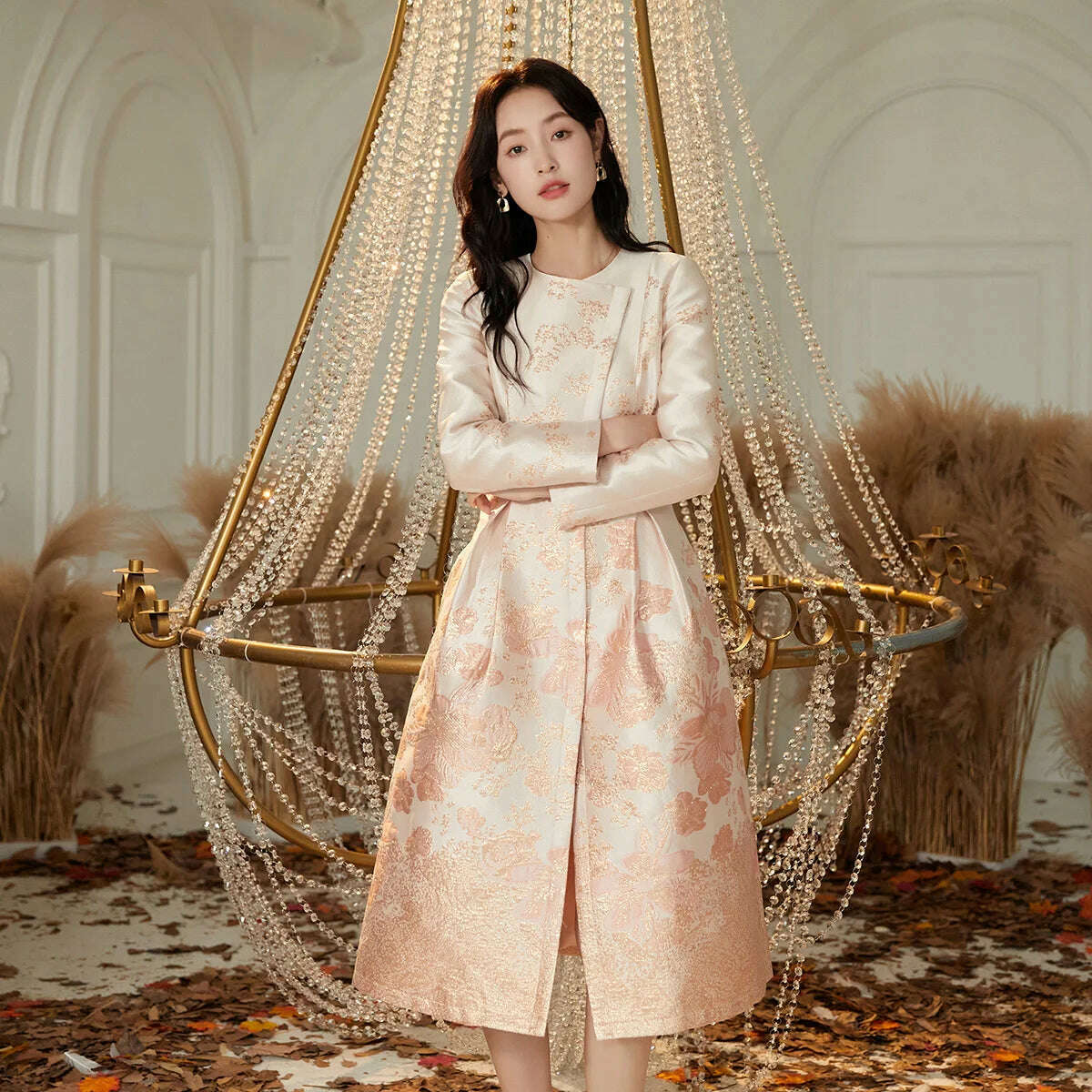 2023 Spring Autumn Jacquard Trench Coat for Women Covered Button Floral Outwear Women Skirt Hem Party Evening Clothing Luxury - KIMLUD
