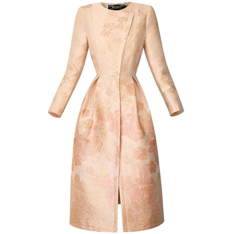 2023 Spring Autumn Jacquard Trench Coat for Women Covered Button Floral Outwear Women Skirt Hem Party Evening Clothing Luxury - KIMLUD