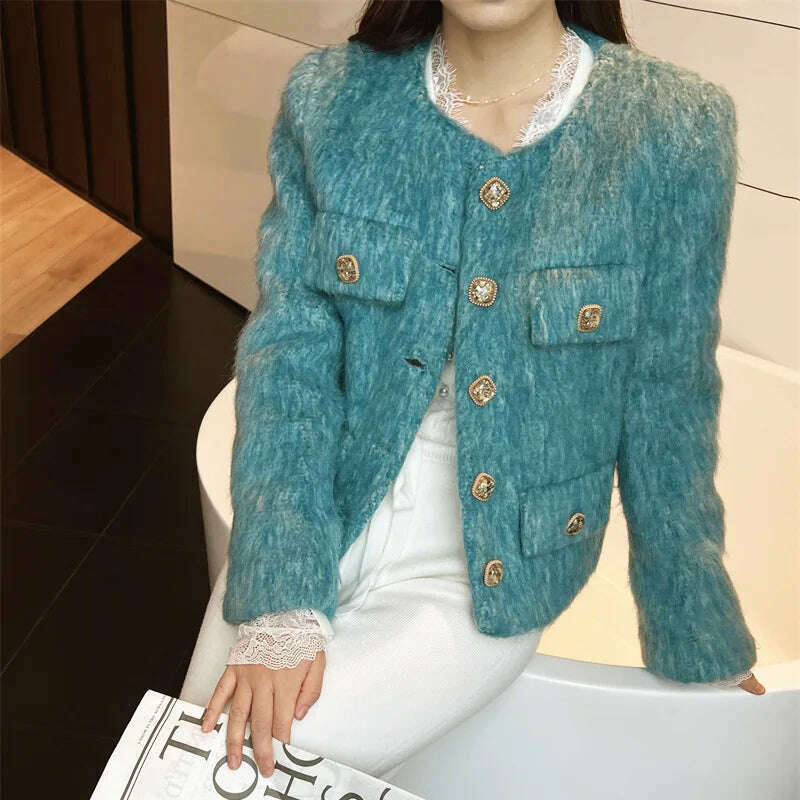 2023 Spring Autumn New Refined Elegant Temperament Round-Neck Wool Fur Short Coat Women Blue Jacket - KIMLUD