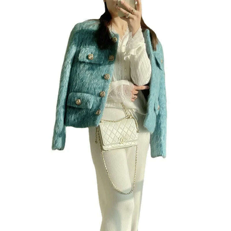 KIMLUD, 2023 Spring Autumn New Refined Elegant Temperament Round-Neck Wool Fur Short Coat Women Blue Jacket, KIMLUD Womens Clothes