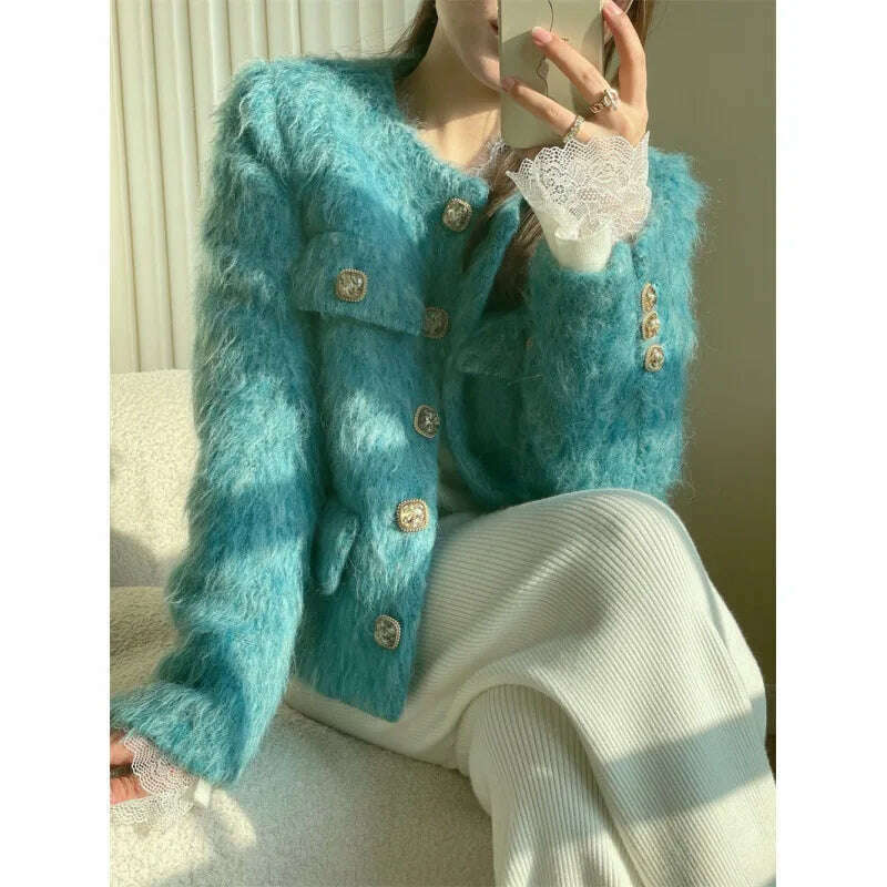 2023 Spring Autumn New Refined Elegant Temperament Round-Neck Wool Fur Short Coat Women Blue Jacket - KIMLUD