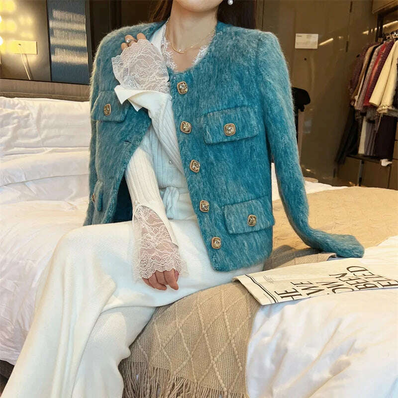 2023 Spring Autumn New Refined Elegant Temperament Round-Neck Wool Fur Short Coat Women Blue Jacket - KIMLUD