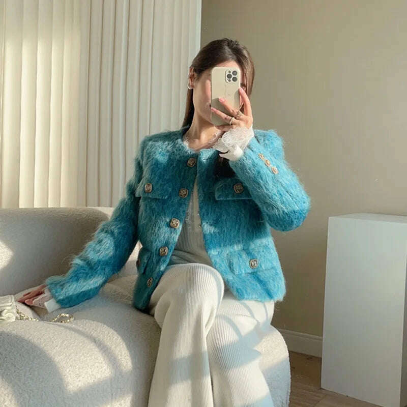 2023 Spring Autumn New Refined Elegant Temperament Round-Neck Wool Fur Short Coat Women Blue Jacket - KIMLUD
