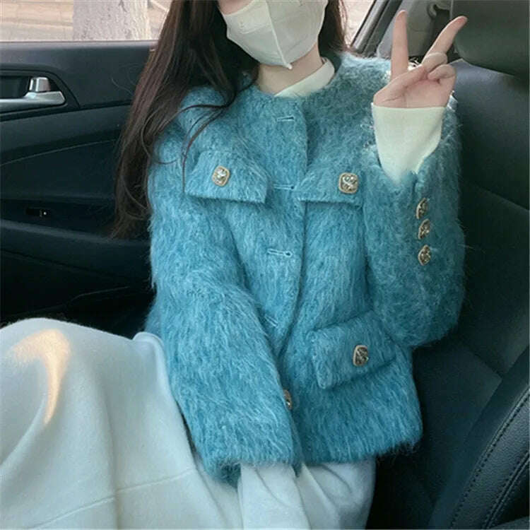 2023 Spring Autumn New Refined Elegant Temperament Round-Neck Wool Fur Short Coat Women Blue Jacket - KIMLUD