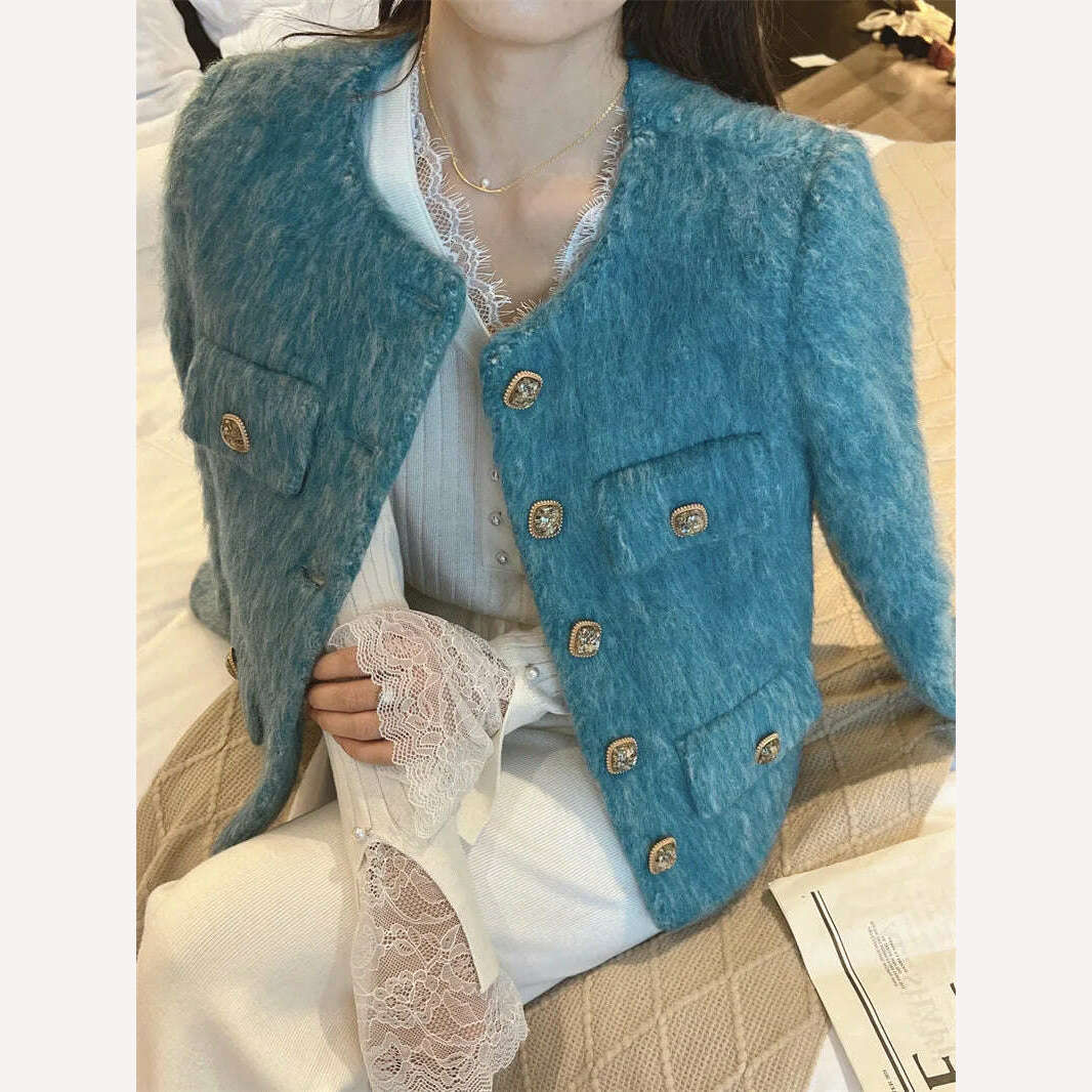 2023 Spring Autumn New Refined Elegant Temperament Round-Neck Wool Fur Short Coat Women Blue Jacket - KIMLUD