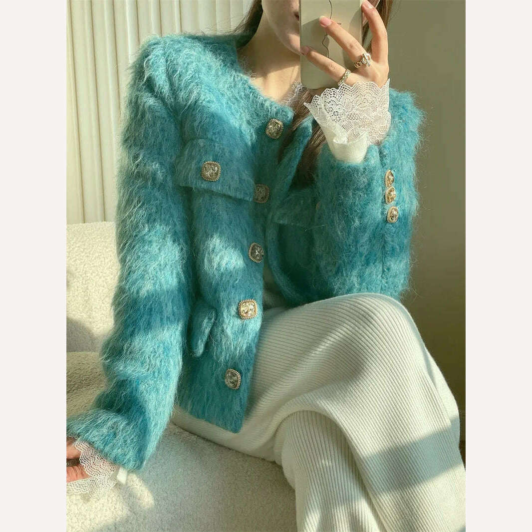 2023 Spring Autumn New Refined Elegant Temperament Round-Neck Wool Fur Short Coat Women Blue Jacket - KIMLUD