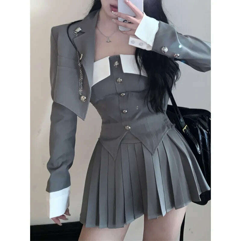2023 Spring for Women Korean Style Gray Suit Coat + Pleated Mini Skirt Suit 2 Pieces Sets Tight-fitting Retro Y2k Suit, KIMLUD Women's Clothes