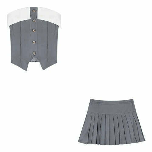 KIMLUD, 2023 Spring for Women Korean Style Gray Suit Coat + Pleated Mini Skirt Suit 2 Pieces Sets Tight-fitting Retro Y2k Suit, tank and skirt / S, KIMLUD Women's Clothes