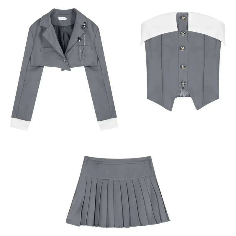 KIMLUD, 2023 Spring for Women Korean Style Gray Suit Coat + Pleated Mini Skirt Suit 2 Pieces Sets Tight-fitting Retro Y2k Suit, 3 pieces suit / S, KIMLUD Womens Clothes