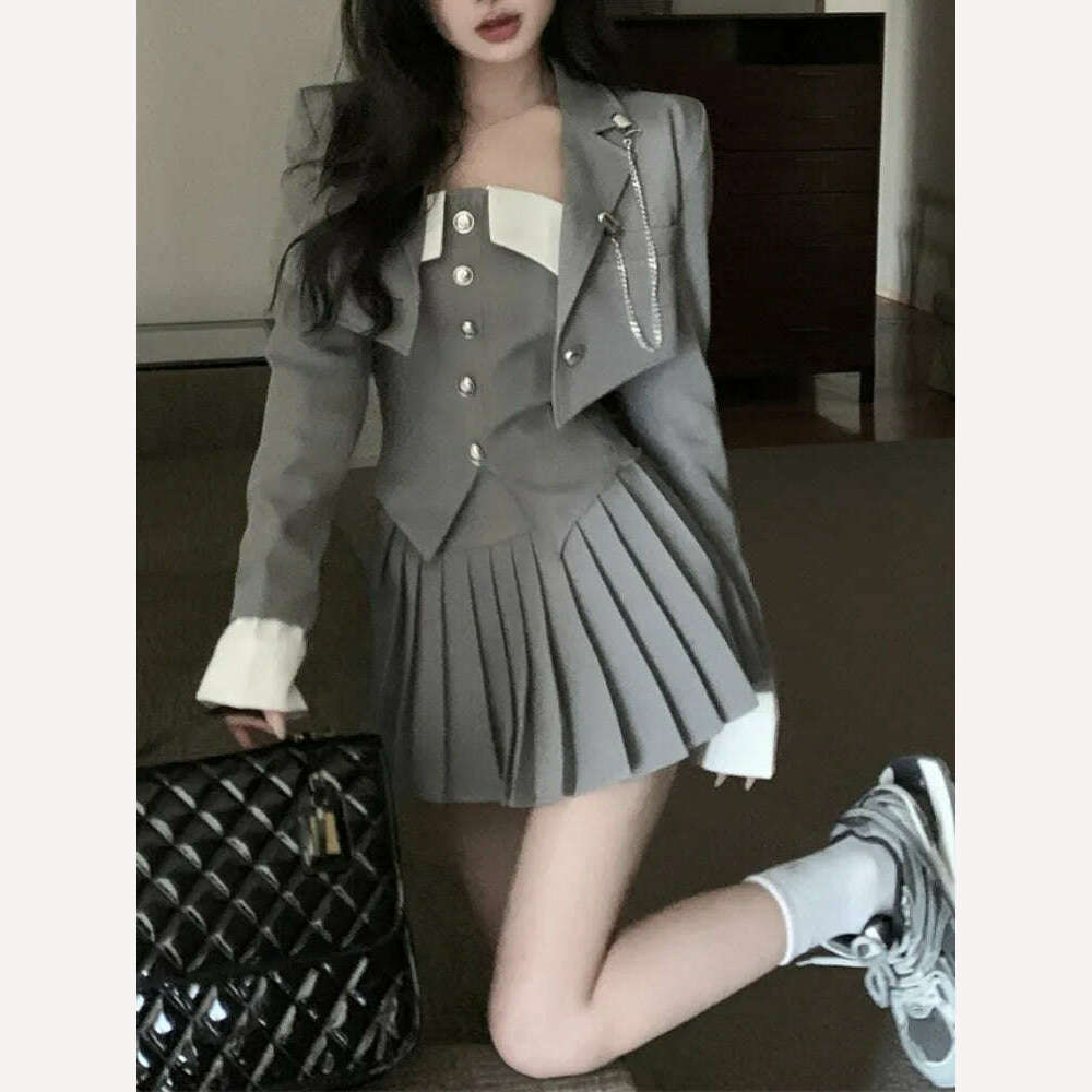 KIMLUD, 2023 Spring for Women Korean Style Gray Suit Coat + Pleated Mini Skirt Suit 2 Pieces Sets Tight-fitting Retro Y2k Suit, KIMLUD Womens Clothes