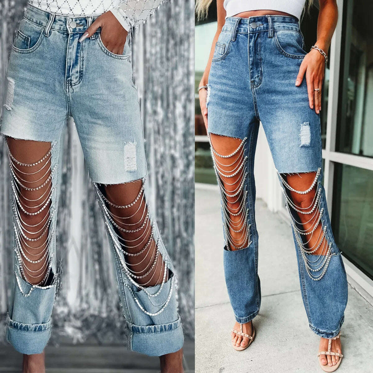 2023 Spring Summer Straight Jeans Women Holes Diamond Rhinstones Solid High Waist Fashion Cotton High Street Denim Pants - KIMLUD