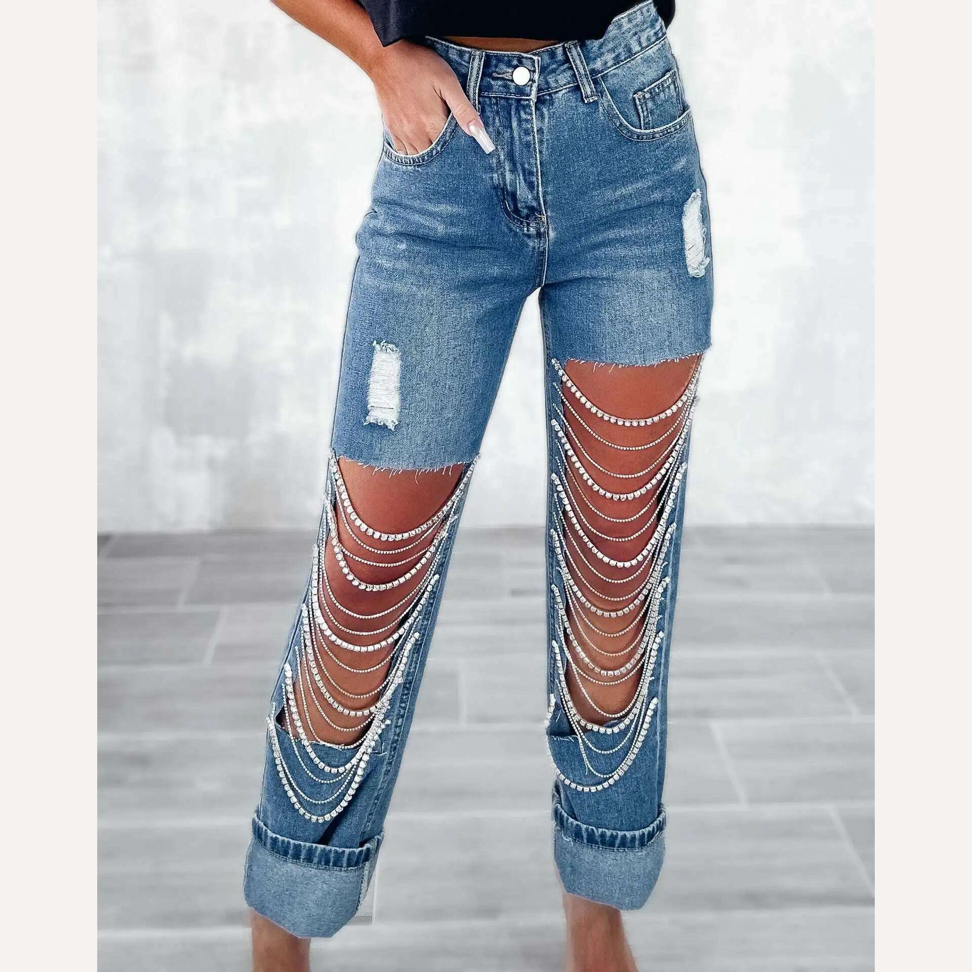 2023 Spring Summer Straight Jeans Women Holes Diamond Rhinstones Solid High Waist Fashion Cotton High Street Denim Pants - KIMLUD